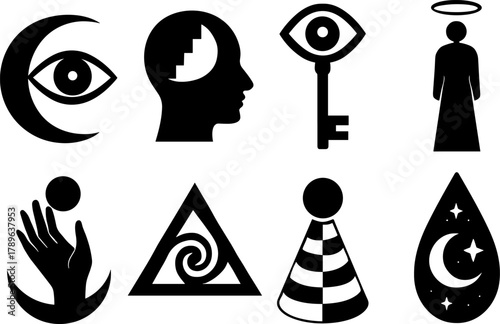 Minimalist spiritual symbols featuring eyes and geometric shapes