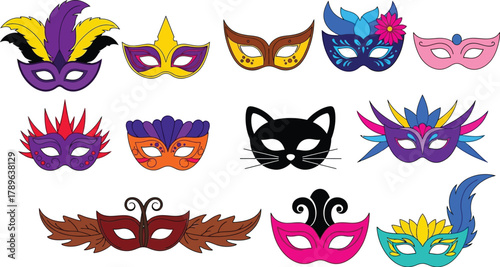 Collection of colorful mardi gras masks for party celebration