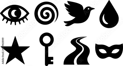 Bold black silhouette icons collection: eye, spiral, bird, drop, star, key, road, mask