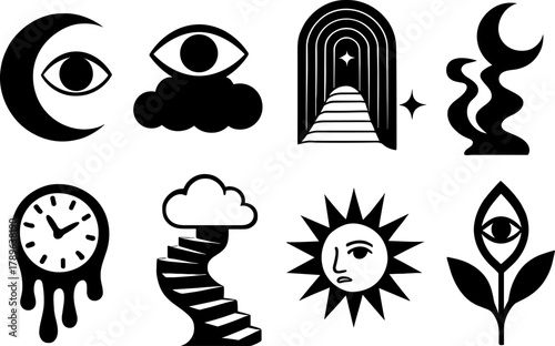 Mystical and dreamlike symbols in surreal black and white silhouette collection