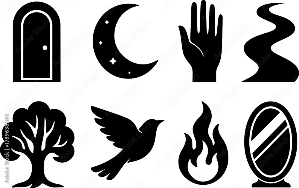 Obraz premium Mystical symbols: door, moon, hand, pathway, tree, bird, flame, mirror in silhouette style