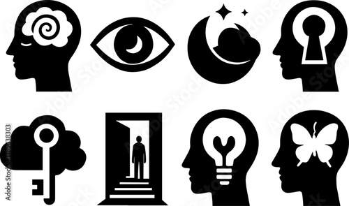 Silhouette icons of mind and imagination themes in black and white