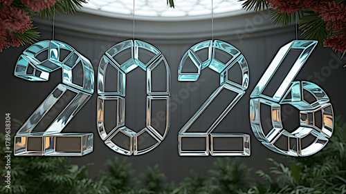 Futuristic Glass and Ice Hanging Numbers 2026 on a Dark Background