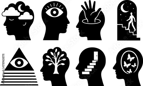 Surreal mind silhouettes with creative imagery and symbolism in black and white