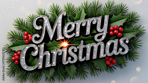 Glittering Merry Christmas Typography with Pine Needles and Red Berries