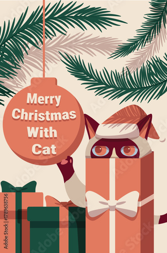 Siamese cat wearing a Santa hat inside a gift box holding a festive ornament with “Merry Christmas With Cat” text, Christmas poster vector design	
