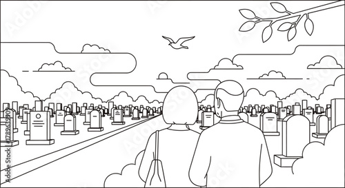 Illustration of couple visiting cemetery death and remembrance art