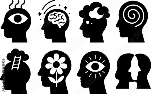 Creative human mind icons in black and white silhouette style