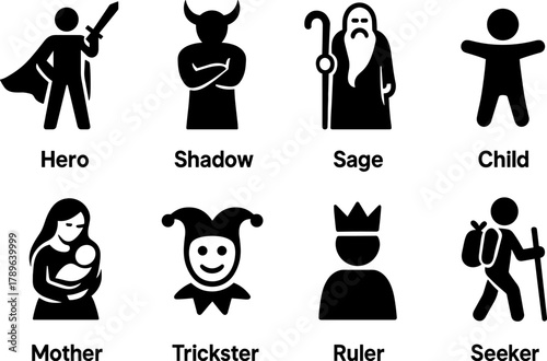 Archetype icons: hero, shadow, sage, and more in bold silhouette design