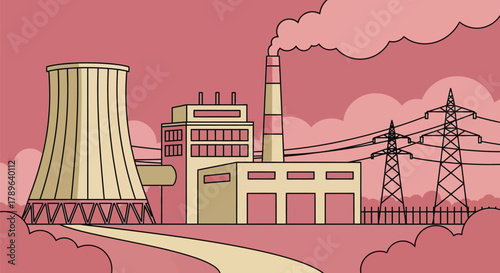 Illustration of a power plant energy factory with smoke and tower