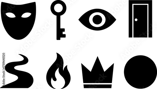 Mystery icon set featuring mask, key, eye, and more in black silhouette style