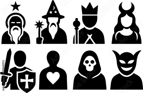 Fantasy icons collection: wizards, warriors, and mystical figures in silhouette style