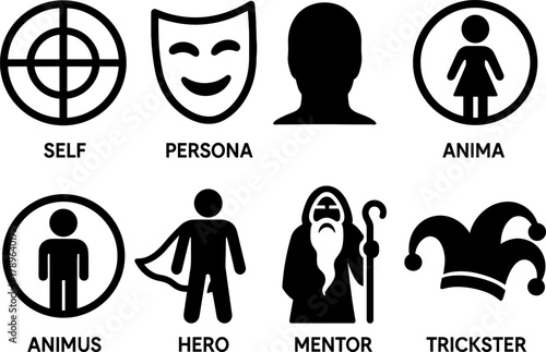 Archetype icons set: self, persona, anima, animus, hero, mentor, trickster in bold silhouette style