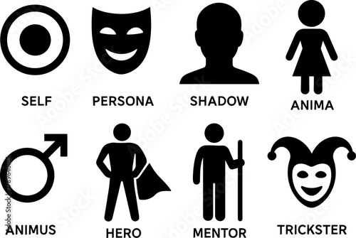 Archetypal symbols: exploring self, persona, shadow, anima, and more in simple silhouette style