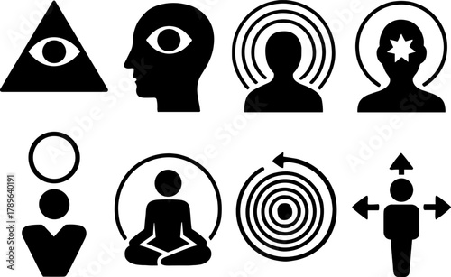 Diverse silhouette icons of human awareness and mindfulness concepts for modern design