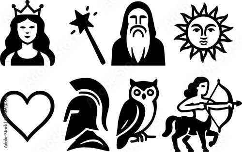 Mythical silhouettes: wizards, warriors, and cosmic symbols in bold black style