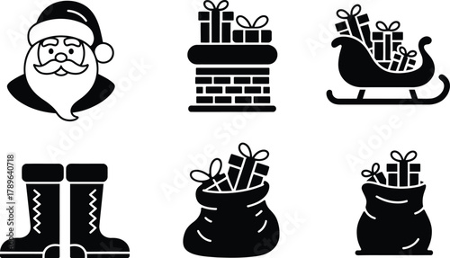 Christmas and holiday season icon collection featuring Santa Claus a chimney full of gifts a sleigh overflowing with presents festive boots and bags of surprise parcels for celebration and joy.