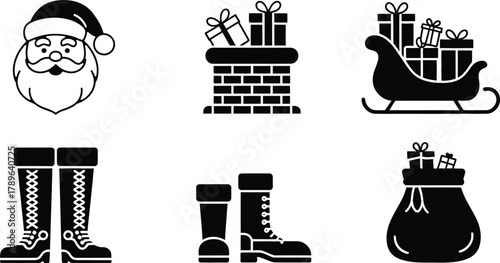 A comprehensive collection of outline and solid fill christmas icons featuring Santa Claus's head and a chimney with gifts a sleigh laden with presents festive winter boots and a sack of parcels