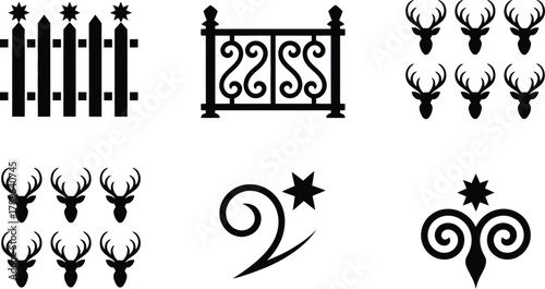 Collection of varied decorative silhouette elements featuring rustic picket fences with stars elegant ornate railings  majestic deer heads with antlers and stylized abstract swirls ideal for holidays