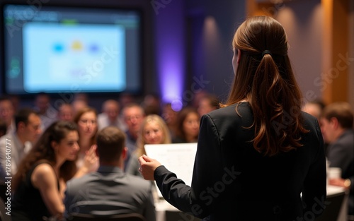 Presentation, hand and a woman as speaker at a conference for training or workshop. Business, corporate and a female manager speaking to a crowd at a seminar or convention for leadership or mentoring