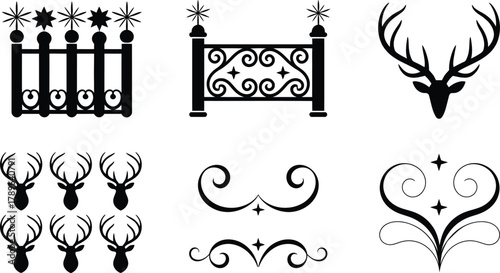 Collection of elegant black silhouette vector illustrations featuring decorative scrollwork ornamental fence designs with starry finials and majestic deer head profiles ideal for festive designs......