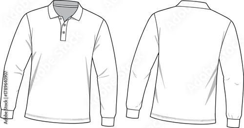 Long sleeve polo shirt vector template front and back view with button placket ribbed cuffs and classic collar