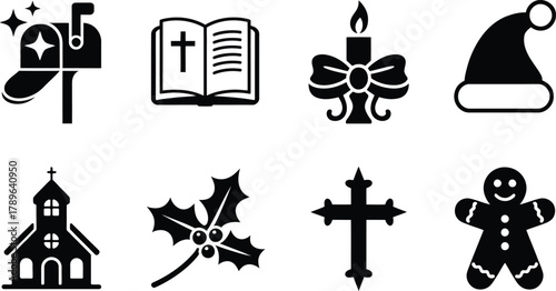 Collection of diverse black silhouette icons for holiday and religious themes featuring mailbox bible candle santa hat church holly cross gingerbread man. Ideal for festive spiritual seasonal