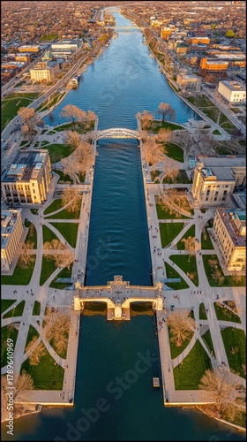 Aerial view of a canal with landscaped banks