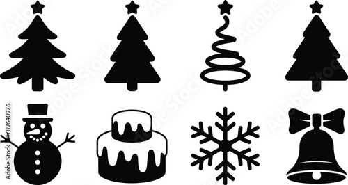 Collection of diverse christmas and winter holiday black silhouette icons featuring varied evergreen trees with stars a cheerful snowman a festive tiered cake an intricate snowflake and more
