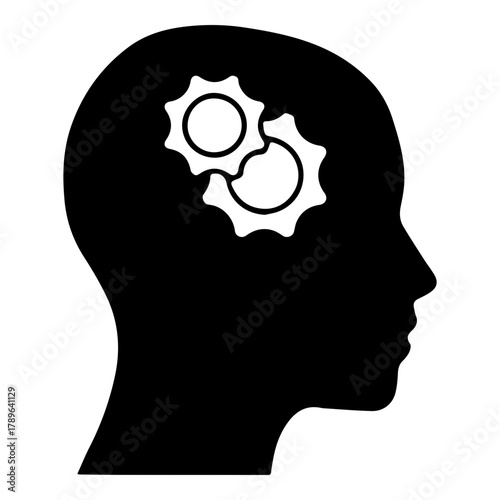 Silhouette of Human Head with Interlocking Gears Inside Symbolizing Thinking Logic and Intelligence Concept