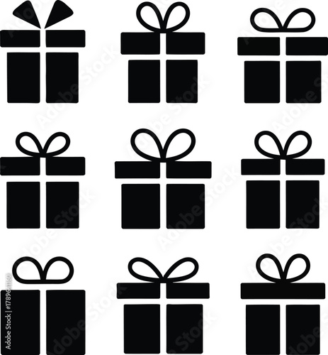 Gift box icon set with various ribbon bows, black silhouette vector illustrations. collection of present symbols for holiday celebrations special occasions shopping promotions surprise events