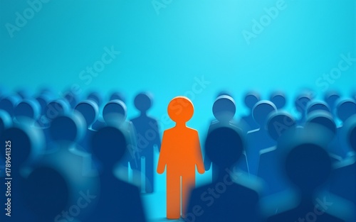 individuality, uniqueness, standing out, crowd, blue background, focus, concept of individuality, leadership A bright orange figure stands out among a sea of blue figures, emphasizing the theme of u