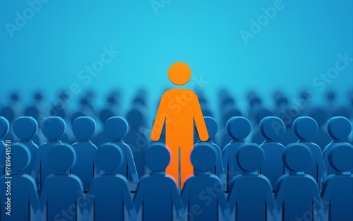 individuality, uniqueness, standing out, crowd, blue background, focus, concept of individuality, leadership A bright orange figure stands out among a sea of blue figures, emphasizing the theme of u