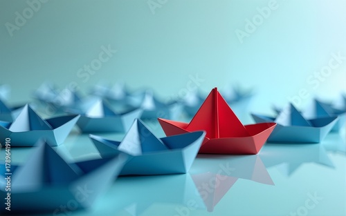 Red boat origami leading a group of blue boats origami leadership concept. High quality