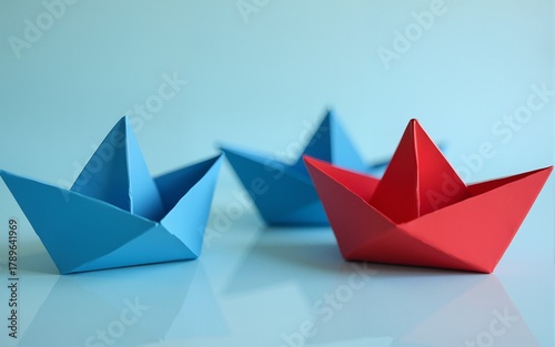 Red boat origami leading a group of blue boats origami leadership concept. High quality
