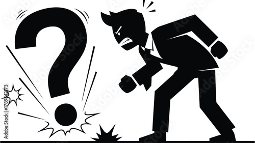 Angry businessman facing question mark problem solving frustration
