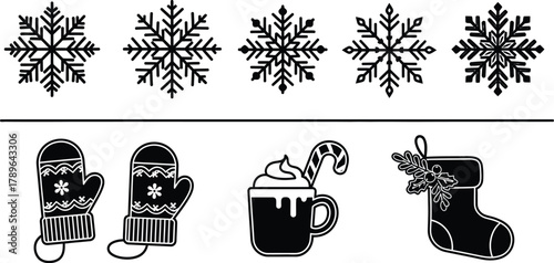 Winter christmas holiday snowflakes mittens stocking vector art