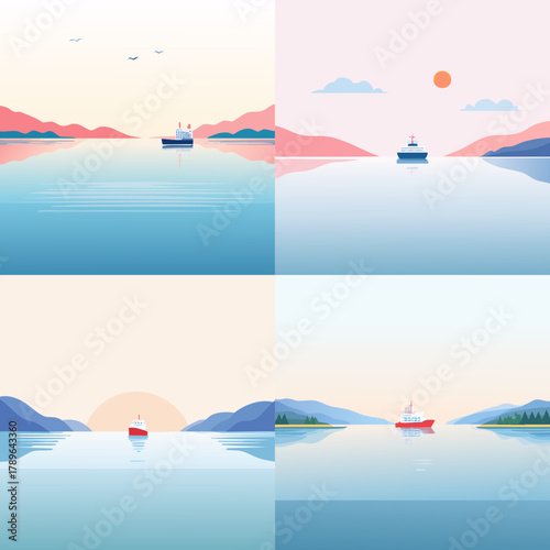 Minimalist lake horizon vector set with small cargo ship sailing in calm water, soft gradient sky and peaceful mountain landscape.