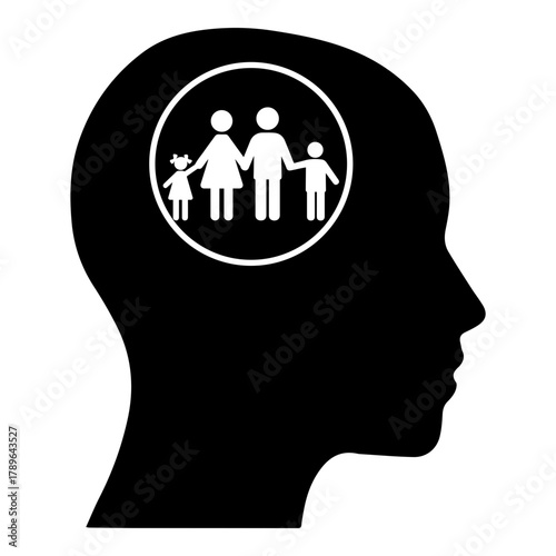 Silhouette of Human Head with Family Icon Inside Representing Thoughts on Parenthood and Relationships