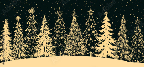 Christmas Tree Background. Vector Xmas Banner Design with Hand Drawn Fir Trees. Winter Forest Template. Xmas Vintage Background Design