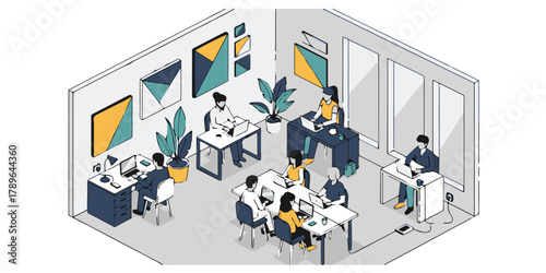 Office Collaboration: Isometric view of a dynamic office space buzzing with activity, colleagues engaged in meetings and focused work. This image shows the essence of teamwork and productivity