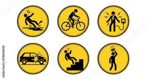 Accident pictogram man icon. Slipping fall, bike accident, electric shock pictogram sign set. Warning, danger icon stick man vector illustration