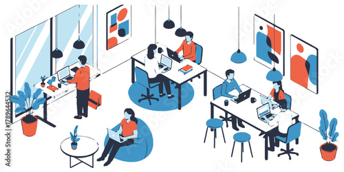 Modern Office: An isometric perspective of a contemporary office space, where diverse individuals are engrossed in their work.
