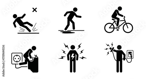 Accident pictogram man icon. Slipping fall, bike accident, electric shock pictogram sign set. Warning, danger icon stick man vector illustration