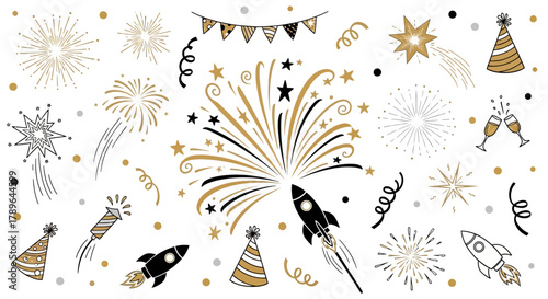 Firework new year set. Doodle firework sparkles for New Year celebration, golden burst and festive elements for birthday or party decor. Hand drawn style for a firework themed vector illustration