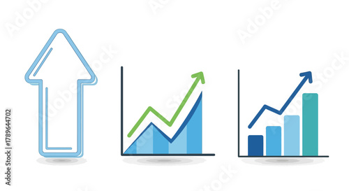 Growth icon set. Containing arrow up, growing graph, business chart icons. Vector illustration