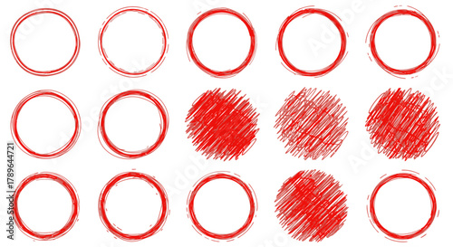 Hand drawn red marker round frame. Hand drawn marker stroke style doodle red circle frame. Scribble round frame for check, text highlight. Grunge scratch style set. Vector illustration