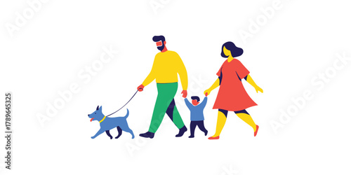 Family's Joyful Walk with Dog: A loving family strolls together, dog at side, capturing a moment of pure bliss and togetherness as they navigate a simple world.