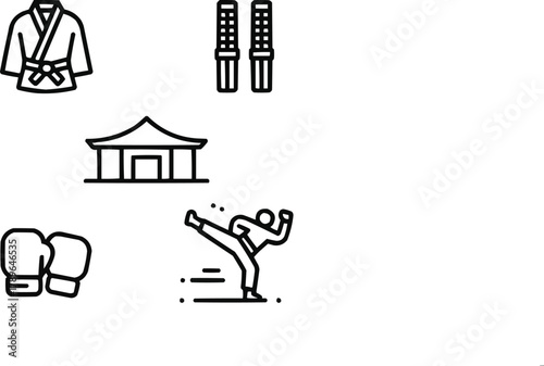 Martial Arts Outline Icon Set  Gi, Belt, Nunchaku, Dojo, Gloves, Kick Pose