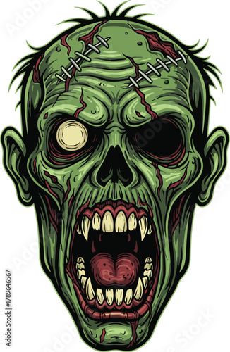 Scary Zombie Head Vector Illustration with Open Mouth and Stitches